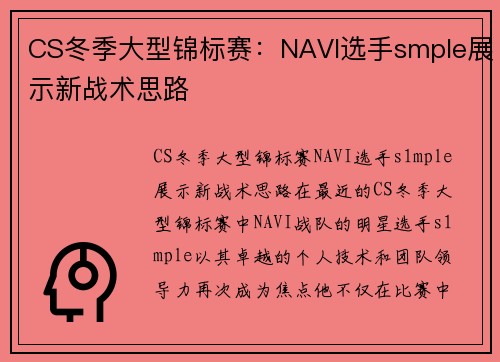 CS冬季大型锦标赛：NAVI选手smple展示新战术思路